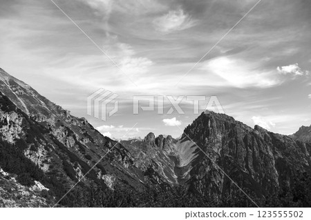 Panoramic view Freyungen mountains  from Nordlinger hut on Karwendel Hohenweg, Austria 123555502