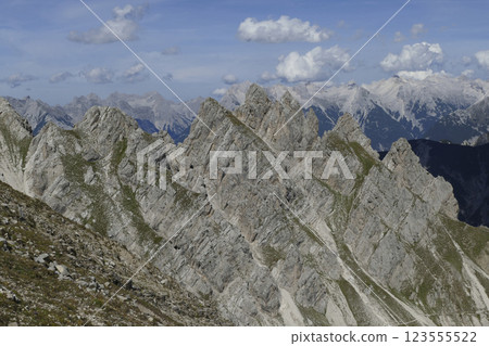Panoramic view Freyungen mountains  from Nordlinger hut on Karwendel Hohenweg, Austria 123555522