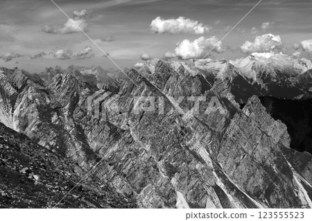 Panoramic view Freyungen mountains from Nordlinger hut on Karwendel Hohenweg, Austria Panoramic view Freyungen mountains from Nordlinger hut on Karwendel Hohenweg, Austria 123555523