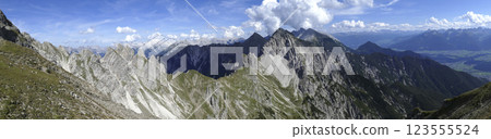 Panoramic view Freyungen mountains from Nordlinger hut on Karwendel Hohenweg, Austria Panoramic view Freyungen mountains from Nordlinger hut on Karwendel Hohenweg, Austria 123555524