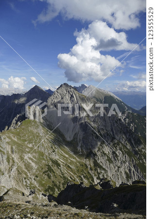 Panoramic view Freyungen mountains from Nordlinger hut on Karwendel Hohenweg, Austria Panoramic view Freyungen mountains from Nordlinger hut on Karwendel Hohenweg, Austria 123555529