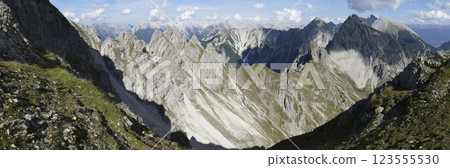 Panoramic view Freyungen mountains from Nordlinger hut on Karwendel Hohenweg, Austria Panoramic view Freyungen mountains from Nordlinger hut on Karwendel Hohenweg, Austria 123555530