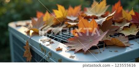Air conditioning that is attached to the outside of the house and is covered with leaves in the fall and needs to be cleaned 123555616