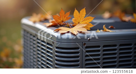 Air conditioning that is attached to the outside of the house and is covered with leaves in the fall and needs to be cleaned Air conditioning that is attached to the outside of the house and is covered with leaves in the fall and needs to be cleaned 123555618