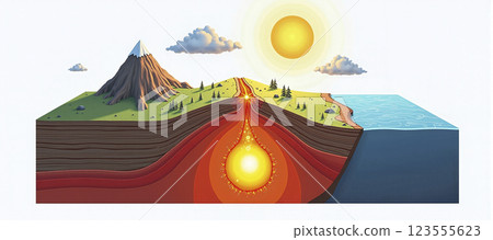 Illustrative depiction of a ground cross-section to explain vulcanism, earth layers and plate tectonics 123555623