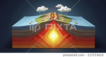 Illustrative depiction of a ground cross-section to explain vulcanism, earth layers and plate tectonics 123555628