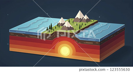 Illustrative depiction of a ground cross-section to explain vulcanism, earth layers and plate tectonics 123555630