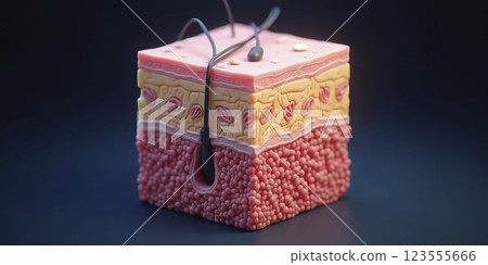 Skin part with a cross section of the human skin with hair follicle and different skin layers Skin part with a cross section of the human skin with hair follicle and different skin layers 123555666
