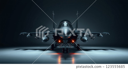 Conceptual representation of the frontal view of a modern dark fighter jet standing on the ground ready for combat and parked Conceptual representation of the frontal view of a modern dark fighter jet standing on the ground ready for combat and parked 123555685