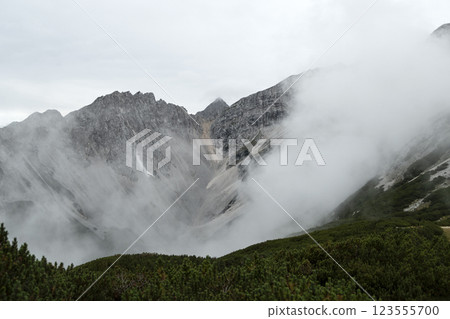 Stempeljoch at Karwendel mountains on Karwendel Hohenweg in Austria 123555700