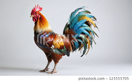 Illustrative depiction of a full-grown, proud and colorful rooster standing in front of a monochrome background 123555705
