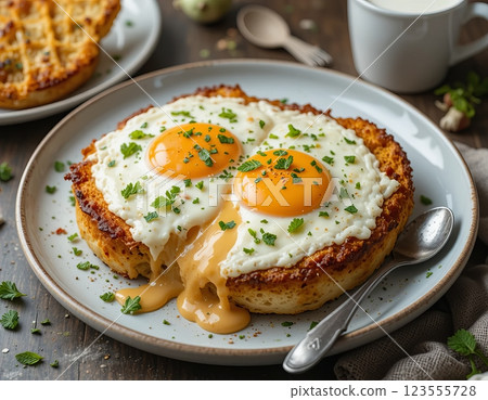 Crispy toast with fried eggs and melted cheese 123555728