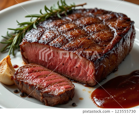 Juicy grilled steak with sauce and roasted garlic 123555730