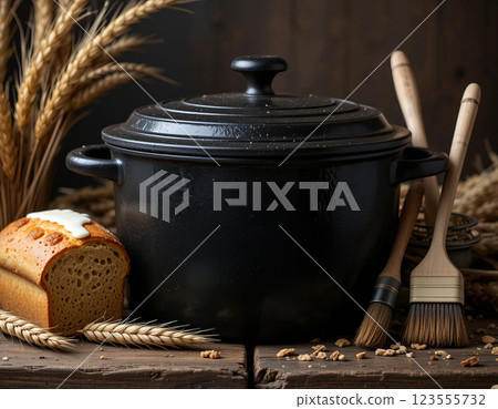 Rustic cast iron pot with fresh baked bread and wheat. Rustic cast iron pot with fresh baked bread and wheat. 123555732