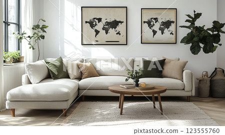 Bright modern living room with neutral decor and natural elements. 123555760