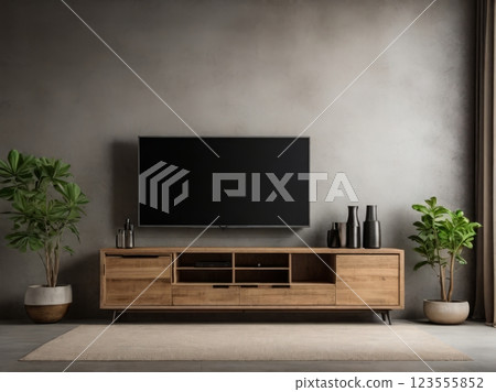 Modern living room interior with wooden cabinet and television. 123555852