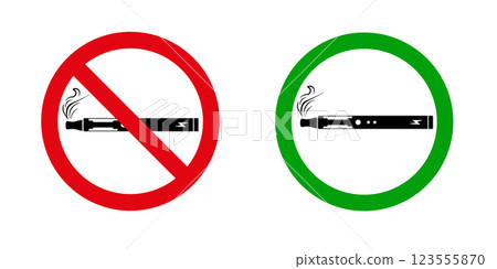 No smoking vape sign set, vape in prohibition circle and green allowed area 123555870