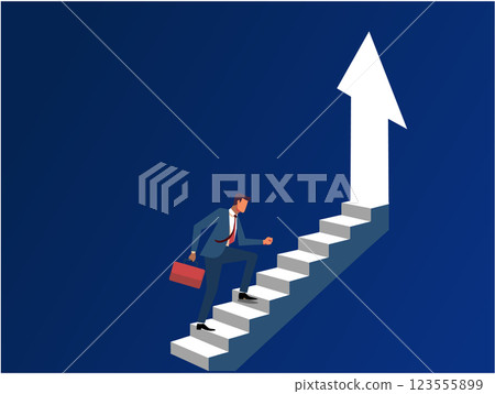 MobileSteps to Growth Business concept illustration. A businessman silhouette passes through the arrow-up form open door 123555899