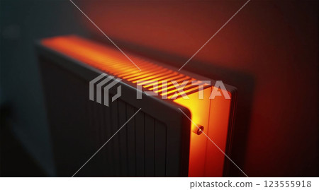 conceptual representation of a radiator that radiates heat and heats the living space, central heating and costs for energy supply conceptual representation of a radiator that radiates heat and heats the living space, central heating and costs for energy supply 123555918