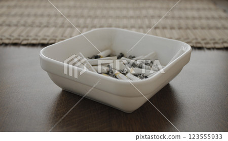 Filter cigarette smokes in white ashtray with butts and ashes closeup angle view 123555933
