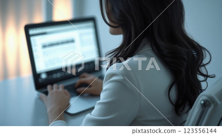 A girl conducts an online interview on her laptop at home. Concept of online work, balance of work and rest, recruiting 123556144