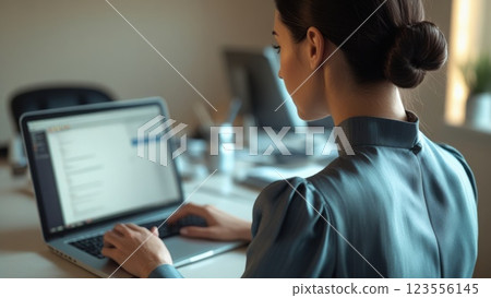 A girl conducts an online interview on her laptop at home. Concept of online work, balance of work and rest, recruiting A girl conducts an online interview on her laptop at home. Concept of online work, balance of work and rest, recruiting 123556145