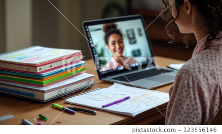 A girl conducts an online interview on her laptop at home. Concept of online work, balance of work and rest, recruiting 123556146