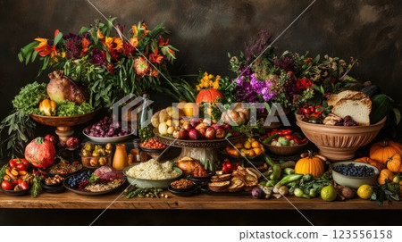 Abundant autumn harvest feast with fruits, vegetables, grains, and flowers on rustic wooden table. Abundant autumn harvest feast with fruits, vegetables, grains, and flowers on rustic wooden table. 123556158