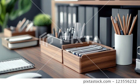 Organized modern office desk with wooden organizers, stationery, and files. Organized modern office desk with wooden organizers, stationery, and files. 123556232