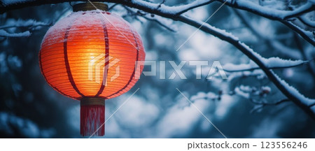 Illuminated red lantern hanging on a snow-covered tree branch in winter. 123556246