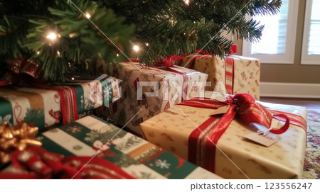 Christmas gifts under decorated tree with lights. 123556247