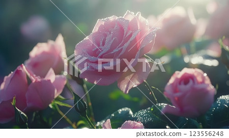 Dew-kissed pink roses in soft sunlight. 123556248