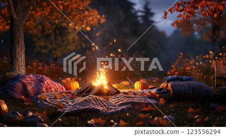 Cozy autumn bonfire scene with pumpkins, blankets, and falling leaves. 123556294