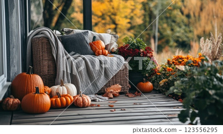 Cozy autumn porch scene with pumpkins, flowers, and throw blanket on wicker furniture. 123556295