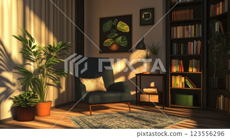 Sunlit cozy reading nook with armchair, plants, bookshelf, and artwork. 123556296