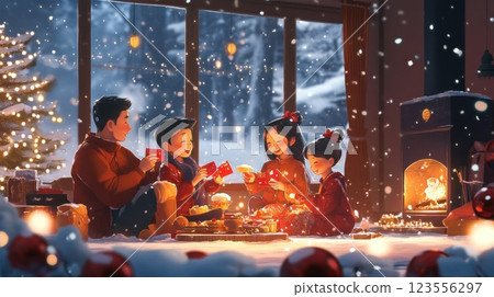 Happy family enjoying Christmas Eve by fireplace, exchanging gifts and sharing warm moments in a cozy snow-covered room. 123556297