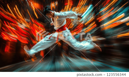 A martial artist in mid-air, performing a dynamic kick against a vibrant, blurred city lights background. 123556344