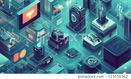 Isometric illustration of interconnected devices and data streams in a futuristic technological landscape. Isometric illustration of interconnected devices and data streams in a futuristic technological landscape. 123556362