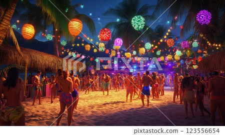 Night beach party with colorful lanterns, palm trees, and dancing people. 123556654