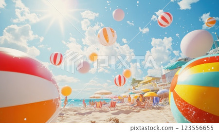 Colorful beach balls fly high above a sunny beach scene with people relaxing on lounge chairs under umbrellas. 123556655