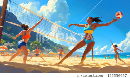 Beach volleyball players in action on a sunny beach, with spectators and ocean in the background. 123556657
