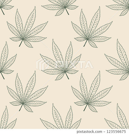 Cannabis leaf background. Marijuana leaves sketch. Seamless pattern of hemp leaves. Illustration. 123556675
