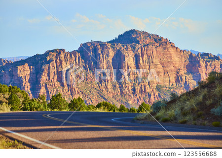 Winding Road to Majestic Kolob Canyon Mountains Eye-Level Perspective 123556688