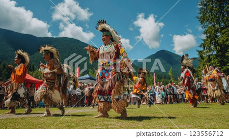 Indigenous dancers perform traditional dance in a vibrant outdoor ceremony, surrounded by spectators and mountains. 123556712