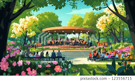 Outdoor orchestra concert in a lush park with audience enjoying the performance under the shade of trees. Outdoor orchestra concert in a lush park with audience enjoying the performance under the shade of trees. 123556715