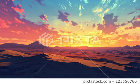 Vibrant sunset over a vast desert landscape with rolling sand dunes and distant mountains. 123556760