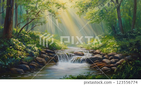 Sunbeams illuminate a tranquil forest stream cascading over rocks. 123556774