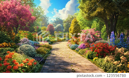 Sunlit garden path winding through vibrant colorful flowers and lush greenery. Sunlit garden path winding through vibrant colorful flowers and lush greenery. 123556780