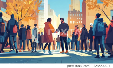 Couple shaking hands amidst a bustling city crowd on an autumn day. 123556805