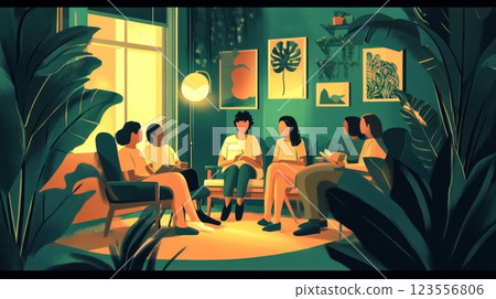 Diverse group of friends gather in a cozy, plant-filled living room for an evening chat. 123556806